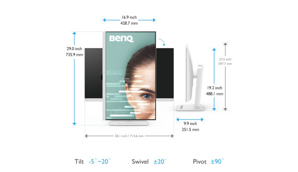 TFT 31.5" BenQ GW3290QT, IPS, 2K QHD, 75Hz, HDMI, DP, USB-C, HAS, Pivot, колонки, білий - 597893