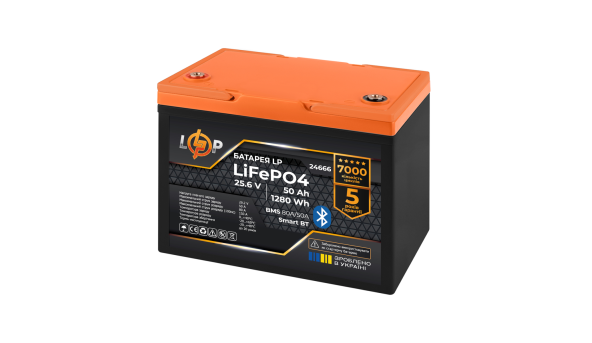 Акумулятор LP LiFePO4 25,6V - 50 Ah (1280Wh) (BMS 80A/50А) пластик Smart BT - 598062