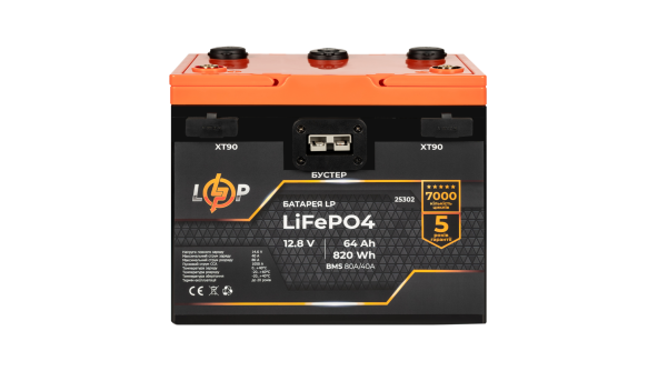 Акумулятор LP LiFePO4 12,8V - 64 Ah (820Wh) (BMS 80A/40А) пластик 2XT90 4USB стартер