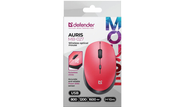 Мишка Defender Auris MB-027, бездротова, 4 кн. 1600 dpi, безшумна, червона
