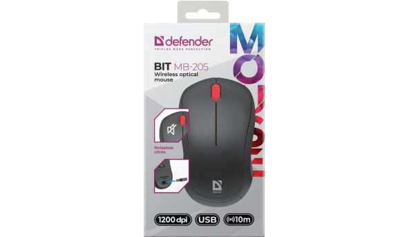 Мишка Defender Bit MB-205, бездротова, 3 кн. до 1200 dpi, безшумна, чорна