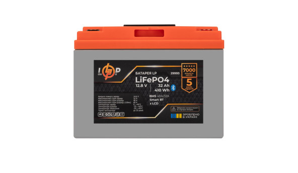 Аккумулятор LP LiFePO4 12,8V - 32 Ah (410Wh) (BMS 40А/32A) пластик LCD Smart BT - 606160