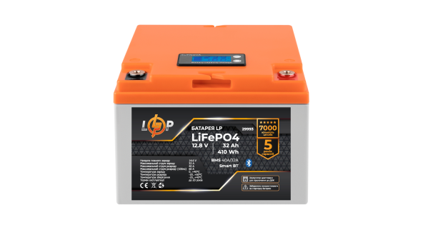 Аккумулятор LP LiFePO4 12,8V - 32 Ah (410Wh) (BMS 40А/32A) пластик LCD Smart BT