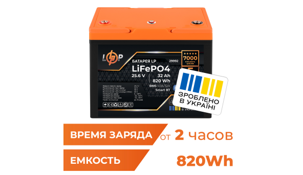 Акумулятор LP LiFePO4 25,6V - 32 Ah (820Wh) (BMS 40A/32А) пластик Smart BT - 606165