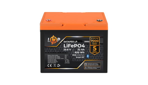 Аккумулятор LP LiFePO4 25,6V - 32 Ah (820Wh) (BMS 40A/32А) пластик Smart BT