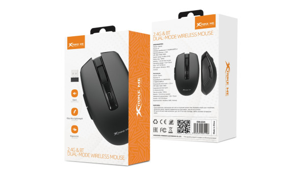 Мишка XTRIKE ME GW-224, бездротова Bluetooth+2.4G 1600dpi., 6кн., Silent, чорна - 613260