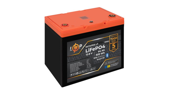 Акумулятор LP LiFePO4 12,8V - 64Ah (820Wh) (BMS 80A/64А) пластик Smart BT - 614032