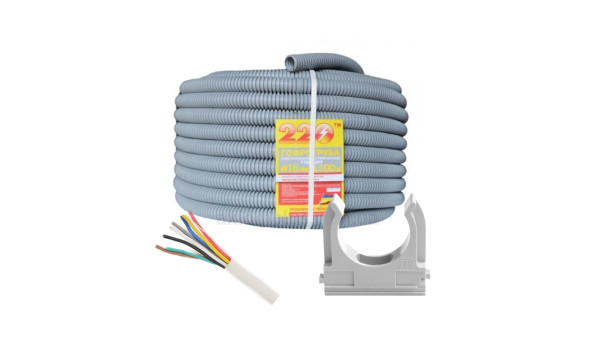 Комплект: Кабель 8*0.22U (биметалл) бухта 100м + Гофротруба 220 TM Standart D 20 мм (100 м) cерая + Клипса для гофры 20 мм (50 шт/уп) серая