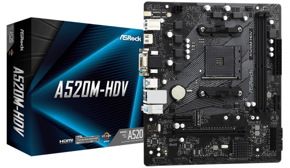 ASRock A520M-HDV (AM4/A520, 2*DDR4, PCIex16, D-Sub/DVI-D/HDMI, 4xSATAІІІ, M.2, GLan, 8ch, mATX) - 626613