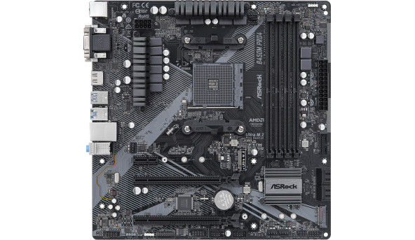 ASRock B450M Pro4 R2.0 (AM4/B450, 4*DDR4, 2xPCIex16, DVI-D/HDMI/VGA, 4xSATAІІІ, M.2, GLan, 8ch, mATX