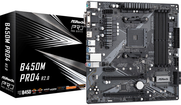 ASRock B450M Pro4 R2.0 (AM4/B450, 4*DDR4, 2xPCIex16, DVI-D/HDMI/VGA, 4xSATAІІІ, M.2, GLan, 8ch, mATX - 626620