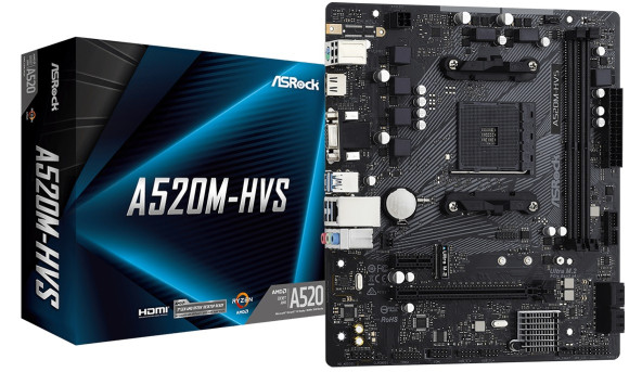 ASRock A520M-HVS (AM4/A520, 2*DDR4, PCIex16, D-Sub/HDMI, 4xSATAІІІ, M.2, GLan, 8ch, mATX) - 626621