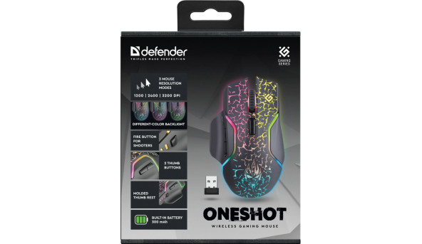 Мишка Defender Oneshot GM-067, бездротова, ігрова, 7 кн, LED 3200 dpi,чорна - 628864