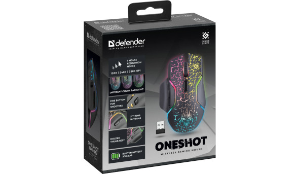 Мишка Defender Oneshot GM-067, бездротова, ігрова, 7 кн, LED 3200 dpi,чорна - 628864