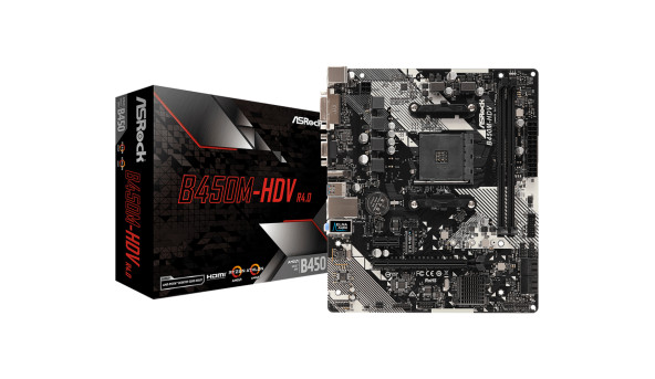 ASRock B450M-HDV R4.0/REF (AM4/B450, 2*DDR4, PCIex16, DVI-D, HDMI, 4xSATAІІІ, M.2, GLan, 8ch, mATX) - 630542