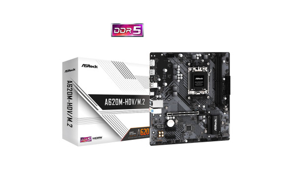 ASRock A620M-HDV/M.2/Ref (AM5/A620, 2*DDR5, PCIex16, DP/HDMI, 2xSATAІІІ, 2xM.2, GLan, 8ch, mATX) - 630543