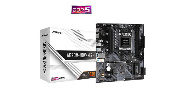 ASRock A620M-HDV/M.2+ (AM5/A620, 2*DDR5, PCIex16, DP/HDMI, 2xSATAІІІ, 2xM.2, GLan, 8ch, mATX) - 630701