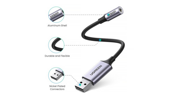 Звукова карта USB AUX jack, TRRS (Mic + Ear) KT0210 25 СМ Ugreen Чорна CM477 - 631894