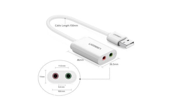 Звукова карта USB AUX jack, TRRS (Mic + Ear), ALC4042 15cm Ugreen Біла US205 - 631917