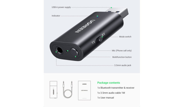Приймач/транслятор UGREEN USB 2.0 to 3.5mm Bluetooth Adapter with Audio Cable CM523 - 631931