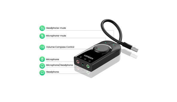 Звукова карта USB AUX jack, TRS(Mic + Ear) SSS1629 Ugreen Чорна CM129 - 631933