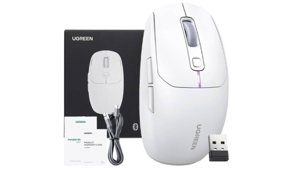 Мишка ігрова UGREEN 2.4GHz MU103, бездротова + Bluetooth, 5000dpi., 6кн., Біла - 631966