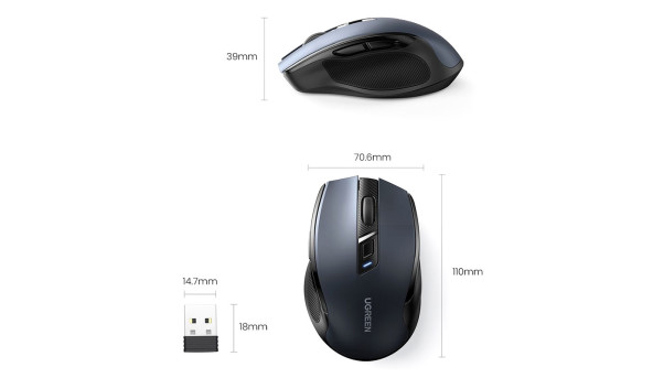 Мишка UGREEN 2.4GHz MU006 Ergonomic, бездротова, 4000dpi., 4кн.,Silence Design, Чорна - 631970