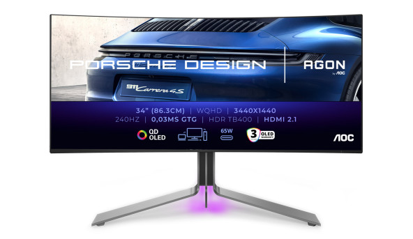 TFT 34" AOC PD34, QD-OLED, UWQHD, 240Гц, 0,03мс, вигн., 2хHDMI, DP, USB-C, USB-hub, HAS, кол., чорни