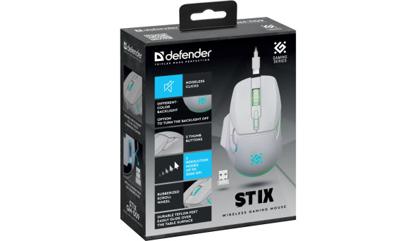 Мишка Defender Stix GM-009, бездротова, 7кн. 3200 dpi, 500 мАh, біла - 637756