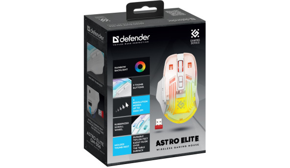 Мишка Defender Astro Elite GM-056, бездротова, ігрова, 3200dpi., 7кн., 500 mAh, біла - 637764