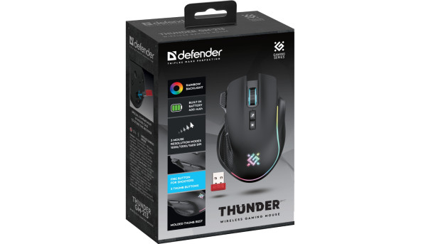 Мишка Defender Thunder GM-213, бездротова, ігрова, 8кн., 1600 dpi., 400 mAh, чорна - 637765