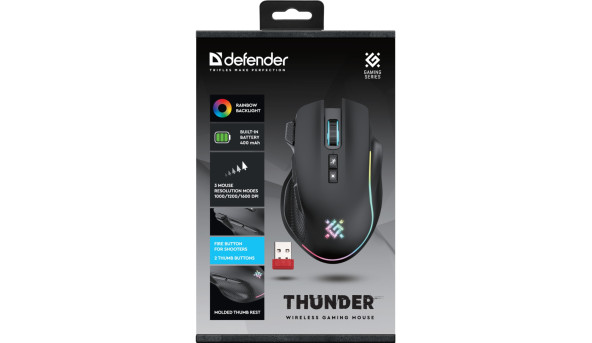 Мишка Defender Thunder GM-213, бездротова, ігрова, 8кн., 1600 dpi., 400 mAh, чорна - 637765