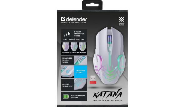Мишка Defender Katana GM-511, бездротова, ігрова, 6кн., 3200 dpi., 400 mAh, біла - 637766