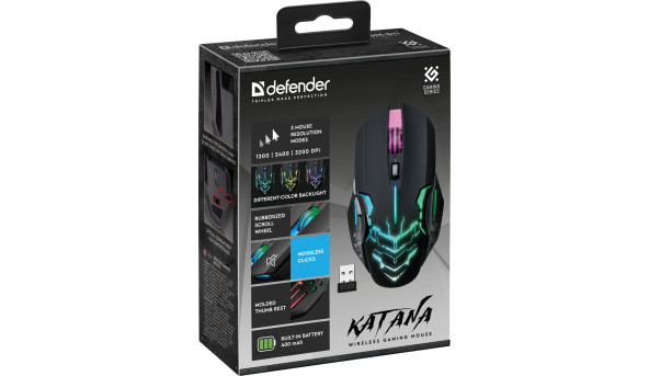 Мишка Defender Katana GM-511, бездротова, ігрова, 6кн., 3200 dpi., 400 mAh, біла - 637766
