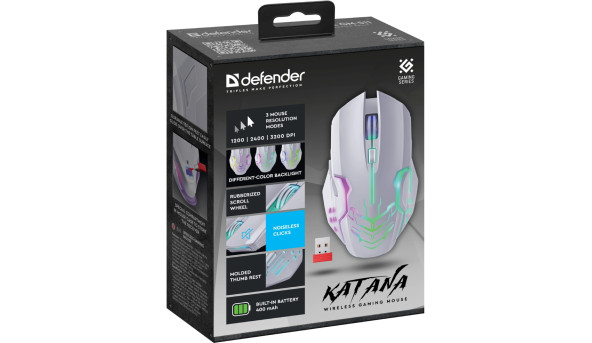 Мишка Defender Katana GM-511, бездротова, ігрова, 6кн., 3200 dpi., 400 mAh, біла - 637766