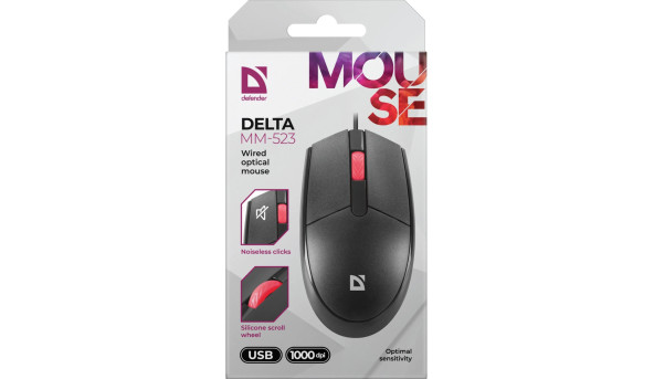 Мишка Defender Delta MM-523, 3кн.,1000dpi, безшумна чорна - 637767