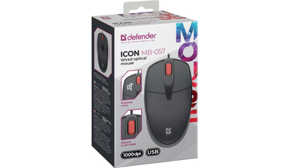 Мишка Defender Icon MB-057, 3кн.,1000 dpi, безшумна, чорна - 638311