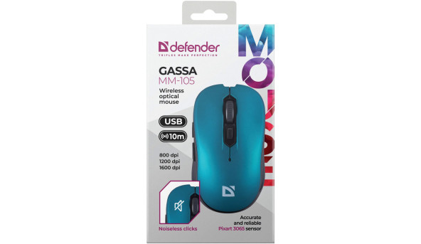 Мишка Defender Gassa MM-105, бездротова, 6кн. до 1600 dpi, безшумна, бірюзова - 638312