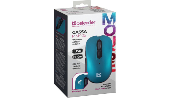 Мишка Defender Gassa MM-105, бездротова, 6кн. до 1600 dpi, безшумна, бірюзова - 638312