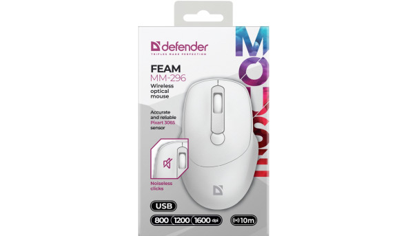 Мишка Defender Feam MM-296, бездротова, 4кн. до 1600 dpi, безшумна, біла - 638316