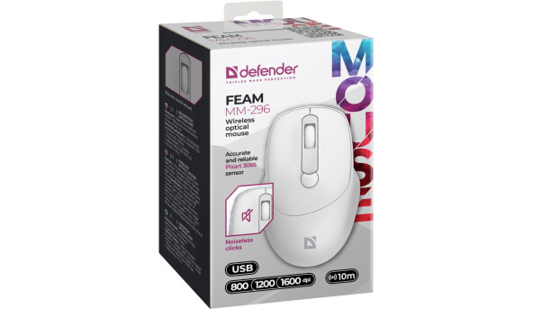 Мишка Defender Feam MM-296, бездротова, 4кн. до 1600 dpi, безшумна, біла - 638316