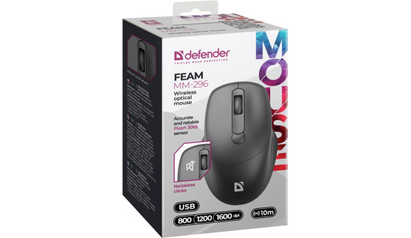 Мишка Defender Feam MM-296, бездротова, 4кн. до 1600 dpi, безшумна, чорна - 638319