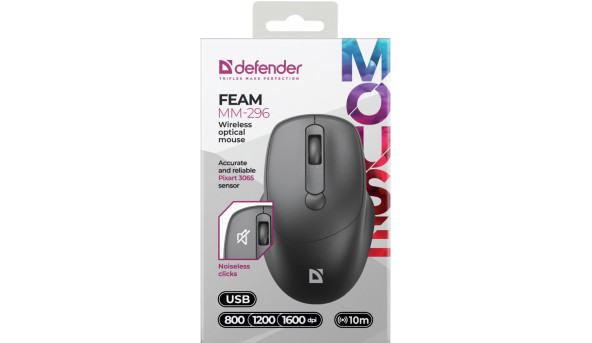 Мишка Defender Feam MM-296, бездротова, 4кн. до 1600 dpi, безшумна, чорна - 638319