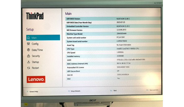 Материнська плата до ноутбука Lenovo ThinkPad T490s Intel Core i7-8565U SRFFW 16GB (01HX916 FT491/FX390 NM-B891) Б/В - 642319