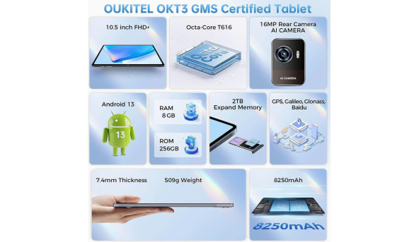 Планшет Oukitel OKT3 10.51" FHD /8GB/256GB/ T616 /8250mAh/ 16+8Мп /Dual SIM/ LTE /Чохол+Стилус/ Grey - 643814