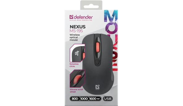 Мишка Defender Nexus MS-195 бездротова, 4 кн. до 1600 dpi, безшумна, чорна - 644187