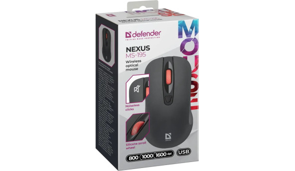 Мишка Defender Nexus MS-195 бездротова, 4 кн. до 1600 dpi, безшумна, чорна - 644187