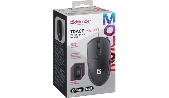 Мишка Defender Trace MB-989, USB, 3кн., 1000dpi, чорна - 644200