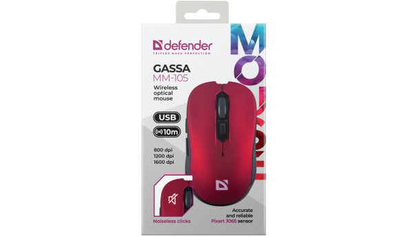 Мишка Defender Gassa MM-105, бездротова, 6 кн., 1600 dpi, безшумна червона - 648421