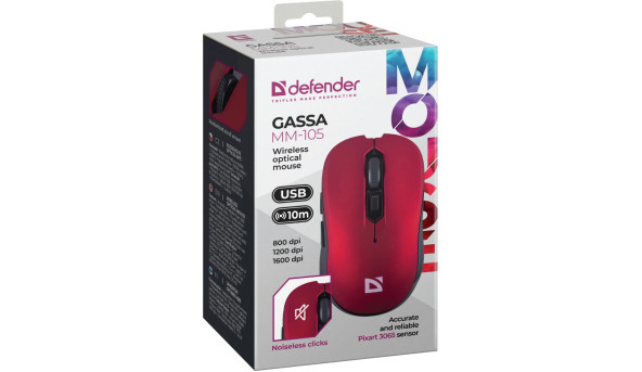 Мишка Defender Gassa MM-105, бездротова, 6 кн., 1600 dpi, безшумна червона - 648421